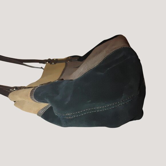 Tignanello Leather Suede Tan Black Brown Suede Shoulder Bag Silver Dual Pockets - Picture 9 of 10